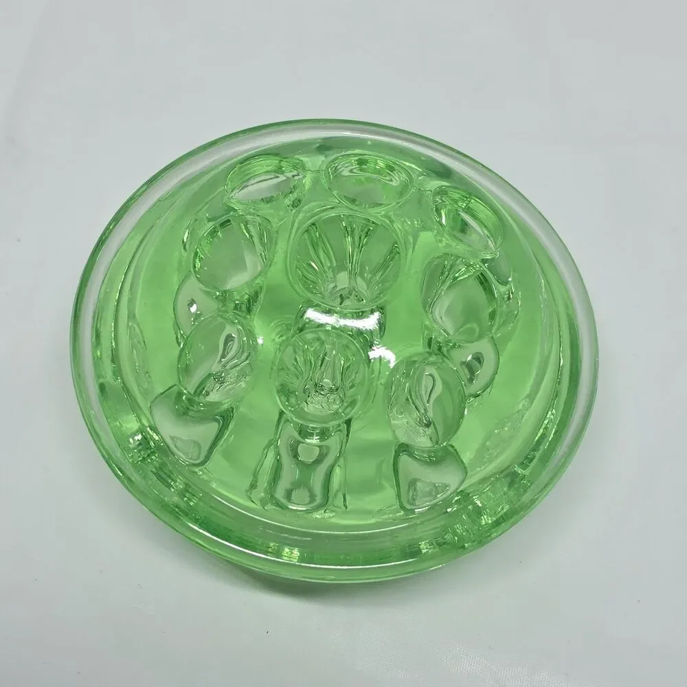 Vaseline Uranium Glass Flower Frog 9 Holes Glows UV Green Vintage 3" Diameter - Picture 7 of 10